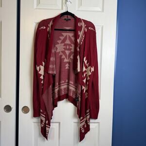 Mine Too 1X Southwestern Aztec Open Front Draped Cardigan Red Cream